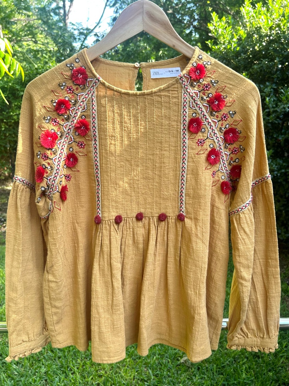Zara Girls' Embroidered Peasant Top Boho Cotton Casual Long Sleeve Size 13-14